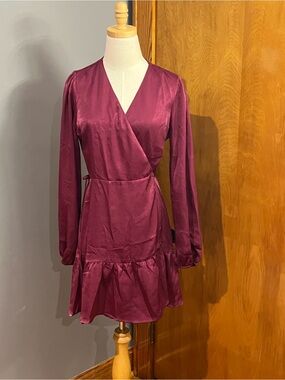 Lulu's Satin Wrap Long-Sleeve Dress in Wineberry